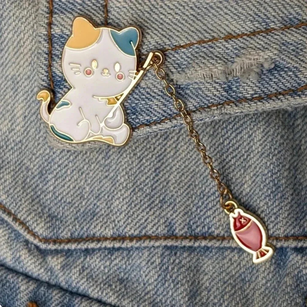 (5/$20) Two Tone Fishing Cat Dangling Enamel Pin